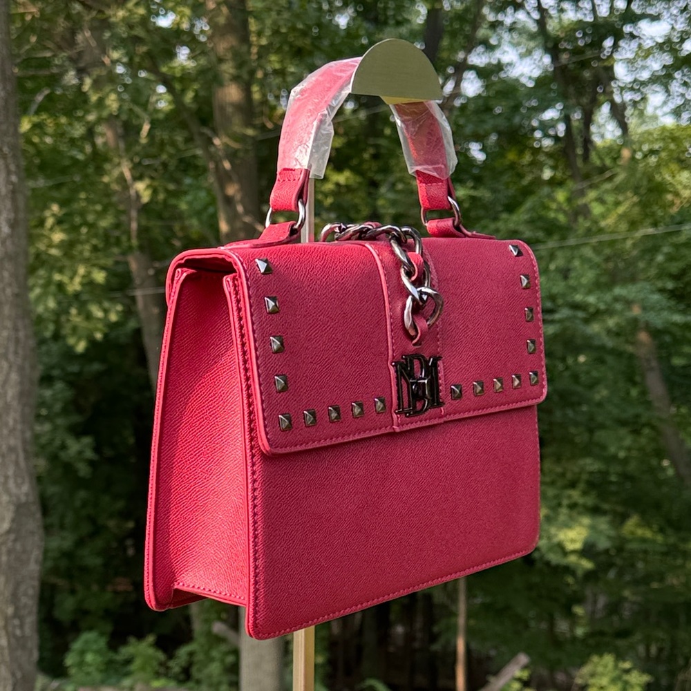 Badgley Mischka Wine Gun Metal Studded Satchel Handbag w/ Crossbody NWT - Picture 6 of 12